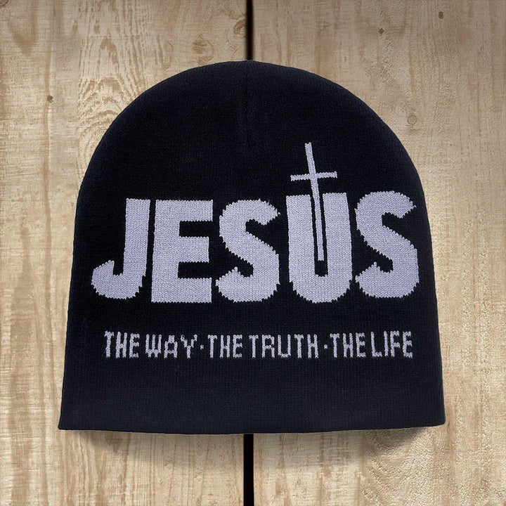 Christianartworkshop JESUS Jacquard Autumn/Winter Outdoor Cycling Knit Hat - Black and Gray - image 2