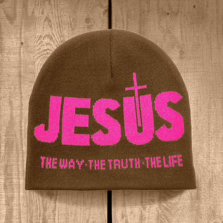 Christianartworkshop JESUS Jacquard Autumn/Winter Outdoor Cycling Knit Hat - Brown and Pink - image 4