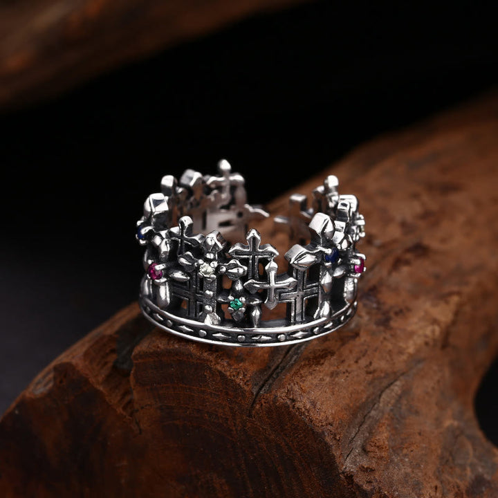Christianartworkshop Gothic - Inspired Silver Crown Cross Ring with Zircon: A Bold Expression of Spiritual Reverence - Suitable for US sizes 7-9 - image 0