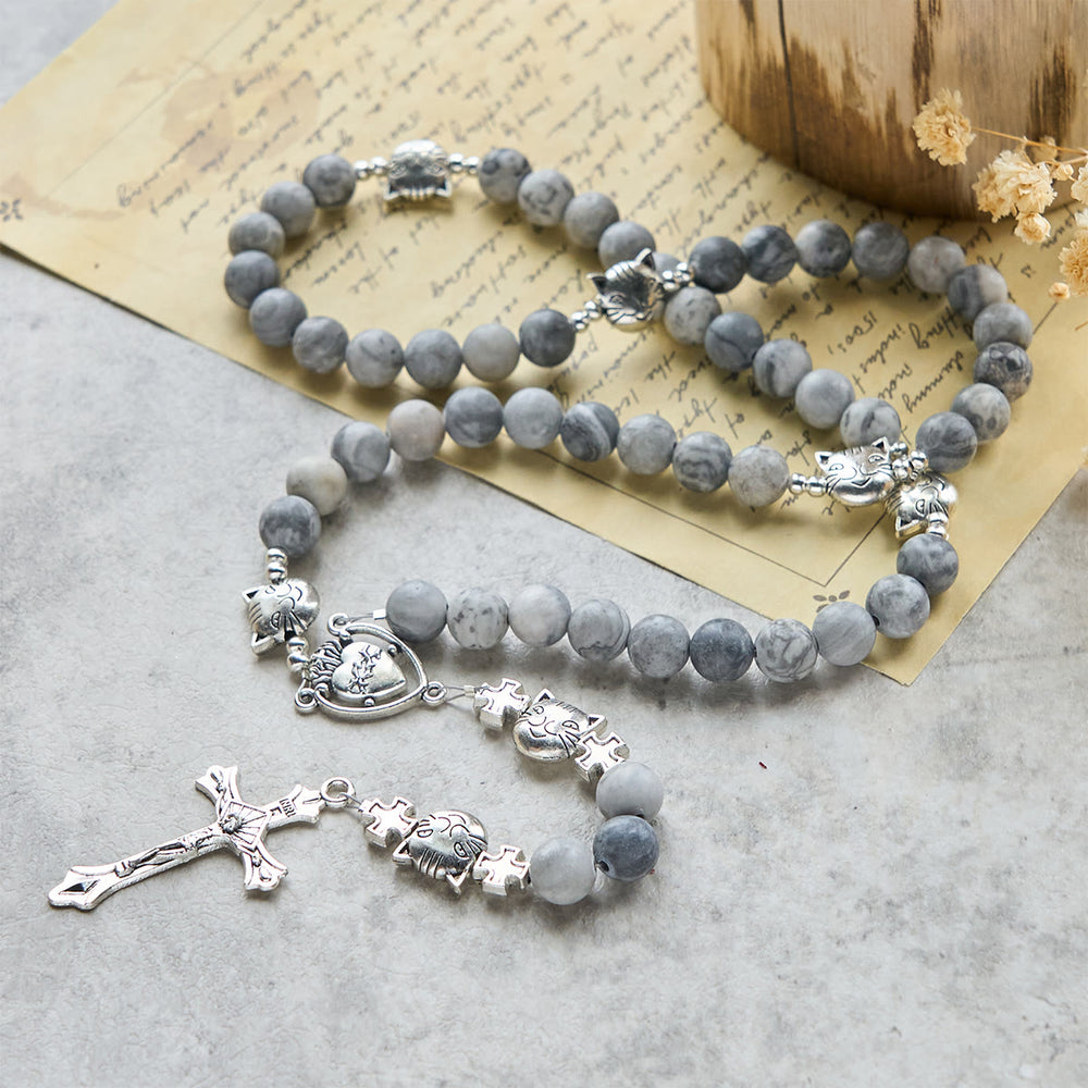Christianartworkshop Light Grey Tabby Cat Prayer Rosary: Prayerful Care for Stray Cats Bracelet, Animal Rosary - image 1