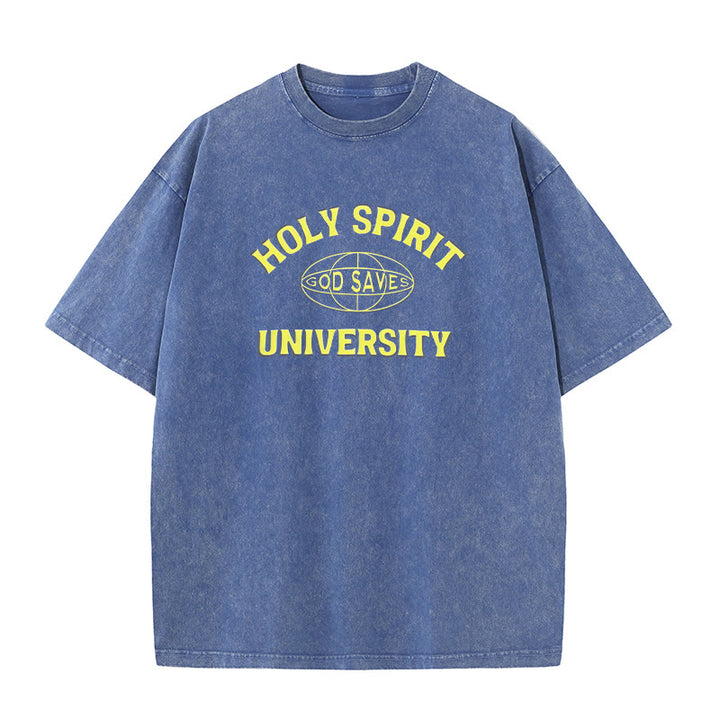 Christianartworkshop Holy Spirit University God Saves Unisex Washed T - Shirt - Blue - 5XL - image 5
