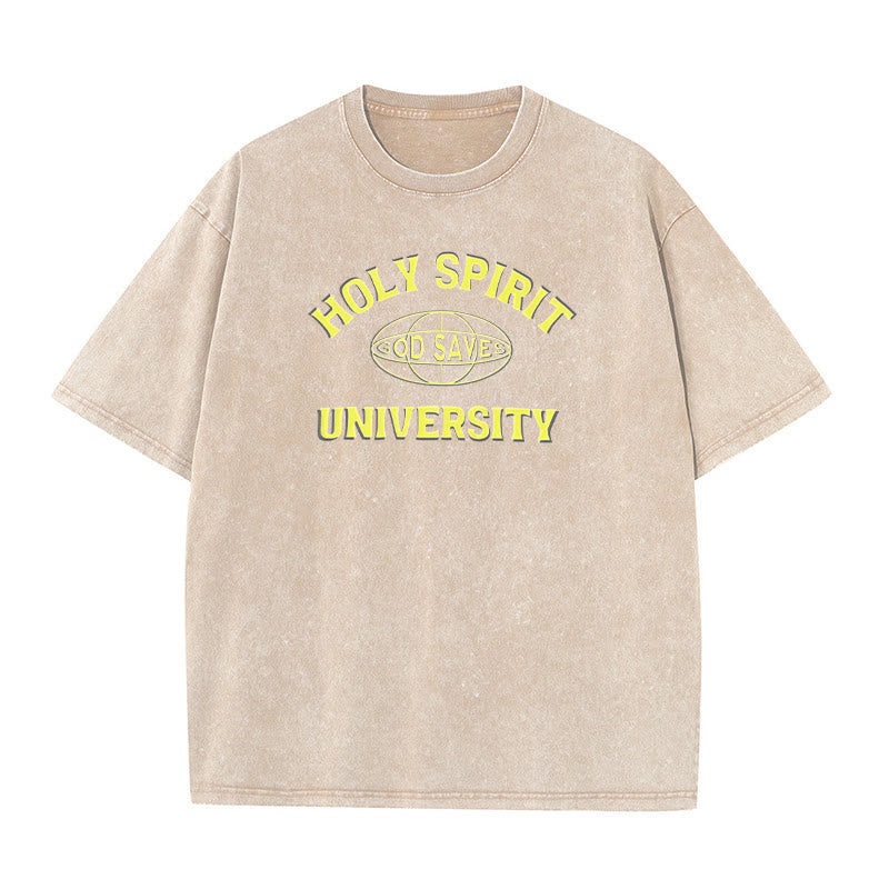 Christianartworkshop Holy Spirit University God Saves Unisex Washed T - Shirt - Apricot - 5XL - image 9