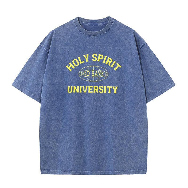 Christianartworkshop Holy Spirit University God Saves Unisex Washed T - Shirt - Blue - 5XL - image 5
