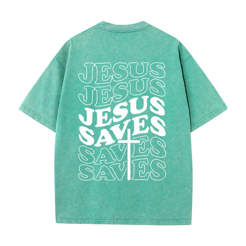 Christianartworkshop Jesus Saves Cross Graphic Unisex Washed T - Shirt - Green - 5XL - image 13