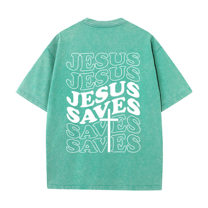 Christianartworkshop Jesus Saves Cross Graphic Unisex Washed T - Shirt - Green - 5XL - image 13
