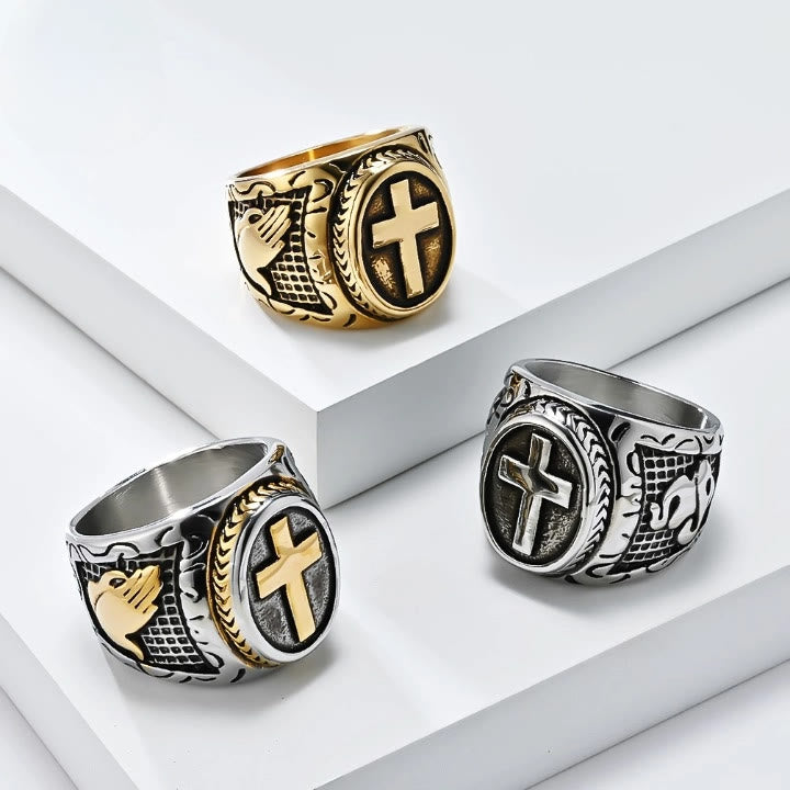 Christianartworkshop Metallic Cross Ring with Praying Hands Detail: Spiritual Fashion Pick - Silver - UK Size O（US 7） - image 0