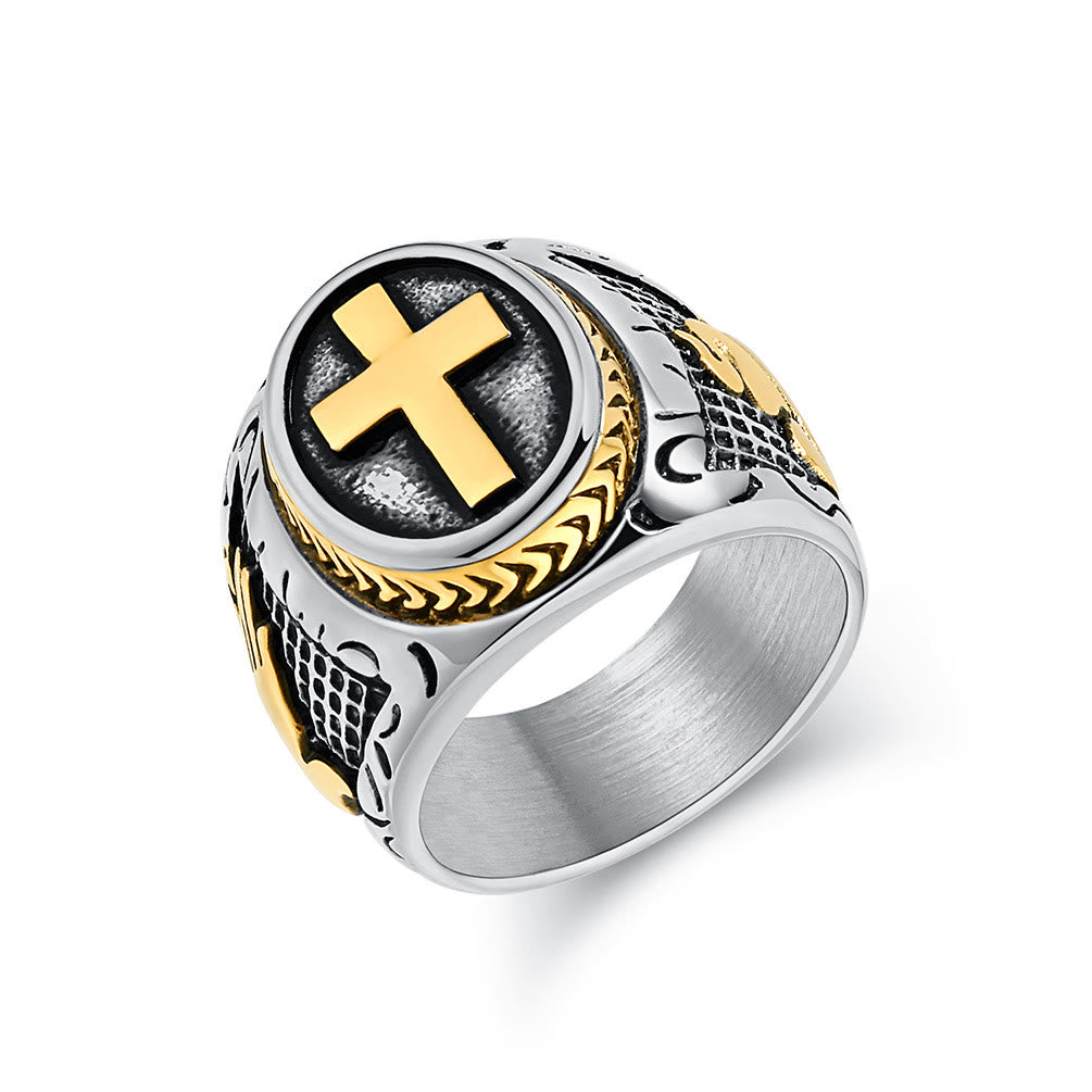Christianartworkshop Metallic Cross Ring with Praying Hands Detail: Spiritual Fashion Pick - Silver and Golden - UK Size Z（US 13） - image 4