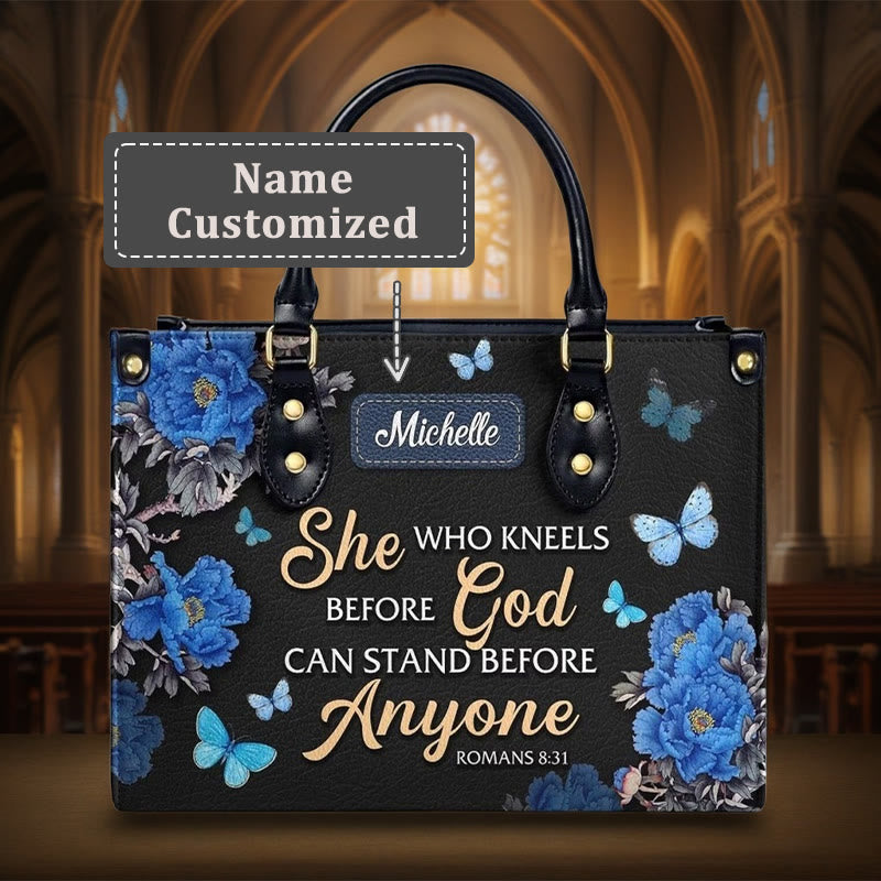 Christianartworkshop Elegant Floral Personalized Leather Handbag with Scripture Quote: God Is with Her - XL - Name Customized - image 1