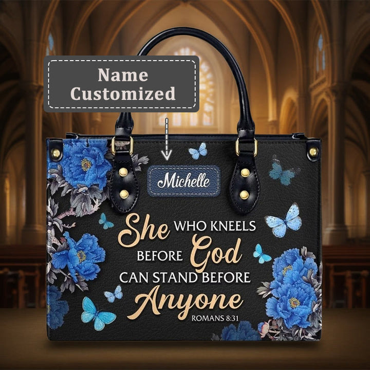 Christianartworkshop Elegant Floral Personalized Leather Handbag with Scripture Quote: God Is with Her - XL - Name Customized - image 1