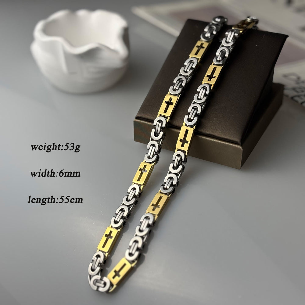Christianartworkshop Tri - Color Cross - Embedded Chain Necklace & Bracelet: Bold Faith Statement - Necklace - Golden and Silver - 6MM - image 1