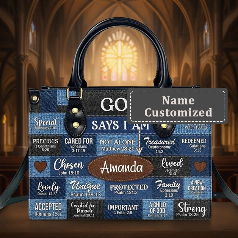 Christianartworkshop Blue & Brown Patchwork Pattern Personalized Leather Handbag with Scripture Quotes - XL - Name Customized - image 4