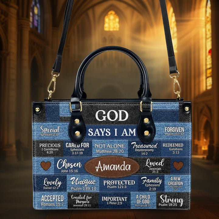 Christianartworkshop Blue & Brown Patchwork Pattern Personalized Leather Handbag with Scripture Quotes - image 6