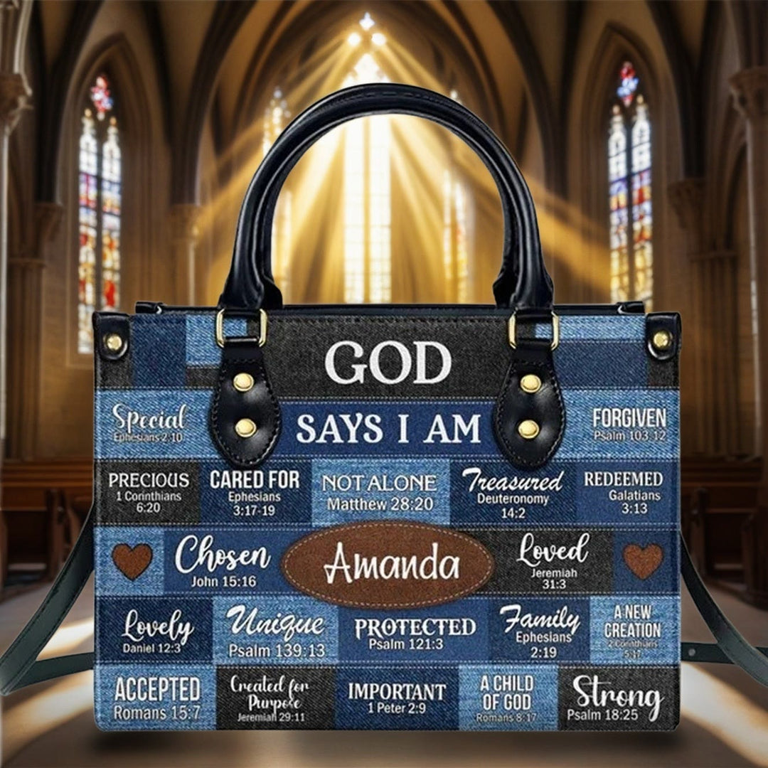 Christianartworkshop Blue & Brown Patchwork Pattern Personalized Leather Handbag with Scripture Quotes - image 5