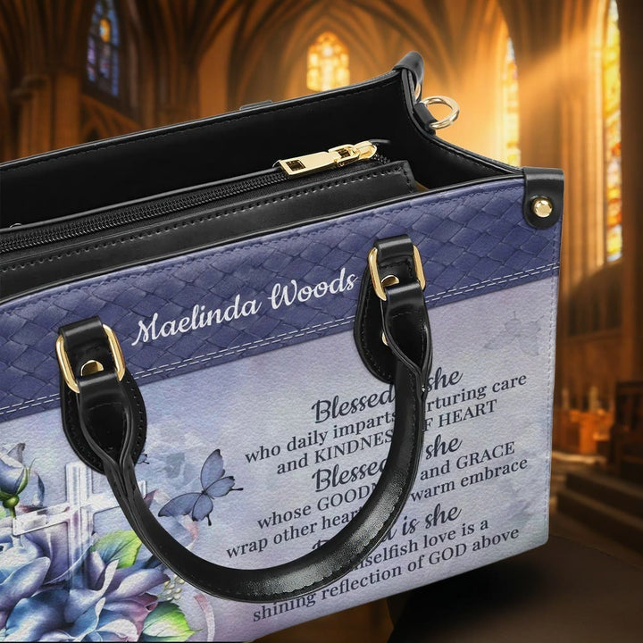 Christianartworkshop Graceful Scripture Blessed is She Personalized Leather Handbag in Violet Blue Tones - image 5
