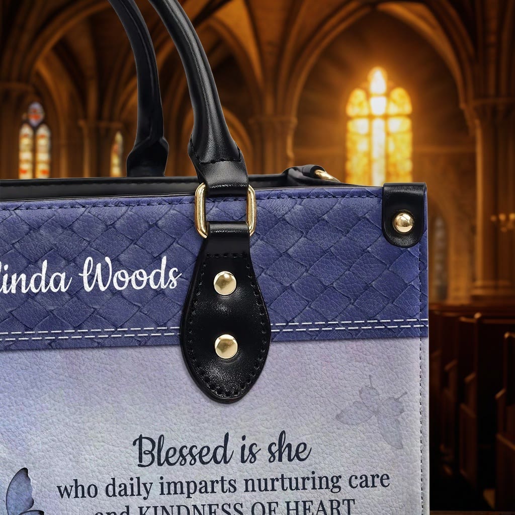 Christianartworkshop Graceful Scripture Blessed is She Personalized Leather Handbag in Violet Blue Tones - image 6