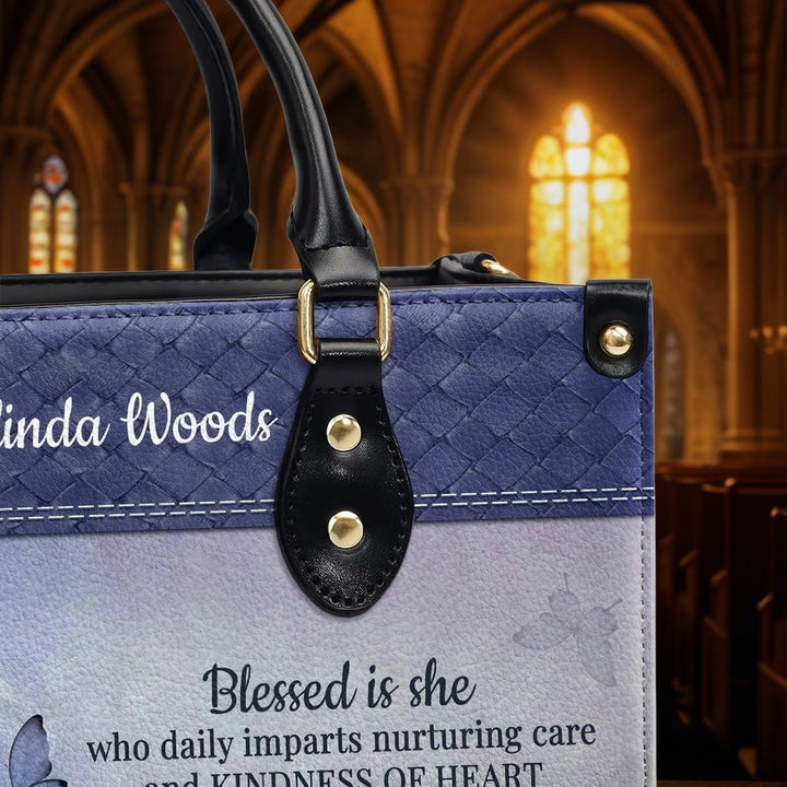 Christianartworkshop Graceful Scripture Blessed is She Personalized Leather Handbag in Violet Blue Tones - image 6