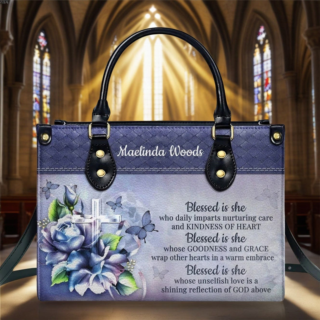 Christianartworkshop Graceful Scripture Blessed is She Personalized Leather Handbag in Violet Blue Tones - XL - Regular (No Custom) - image 0