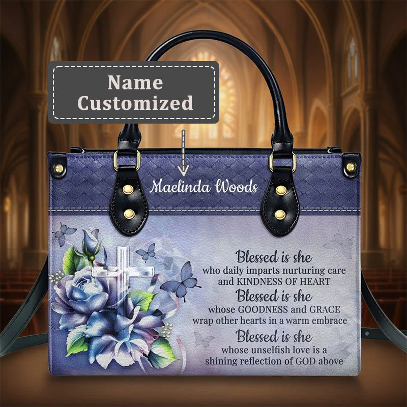 Christianartworkshop Graceful Scripture Blessed is She Personalized Leather Handbag in Violet Blue Tones - XL - Name Customized - image 4