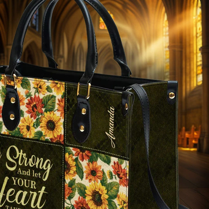 Christianartworkshop Patchwork Personalized Leather Handbag with Sunflowers & Inspirational Quote - image 8