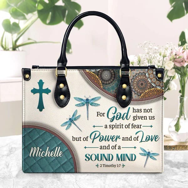 Christianartworkshop Faith & Nature Personalized Leather Handbag: Cross, Dragonflies & Bible Verse - XL - Regular (No Custom) - image 0