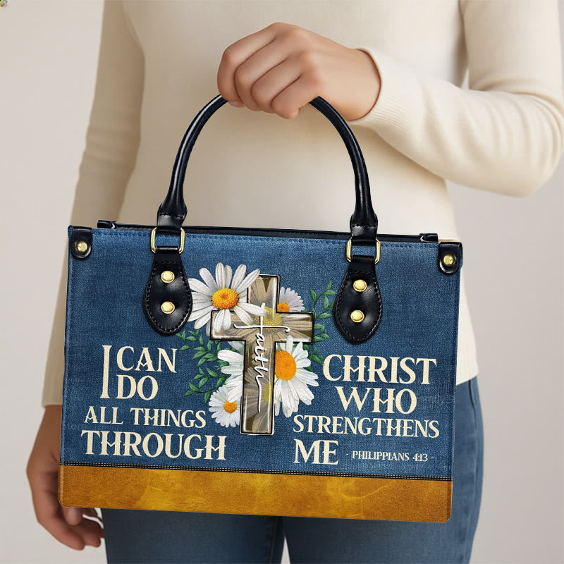 Christianartworkshop I Can Do All Things Through Christ Daisy Floral Personalized Leather Handbag - image 3