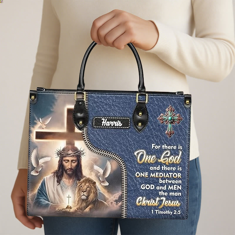 Christianartworkshop Personalized Leather Handbag with Jesus, Lion & 1 Timothy 2:5 Verse - image 1