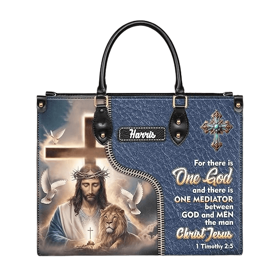 Christianartworkshop Personalized Leather Handbag with Jesus, Lion & 1 Timothy 2:5 Verse - image 5