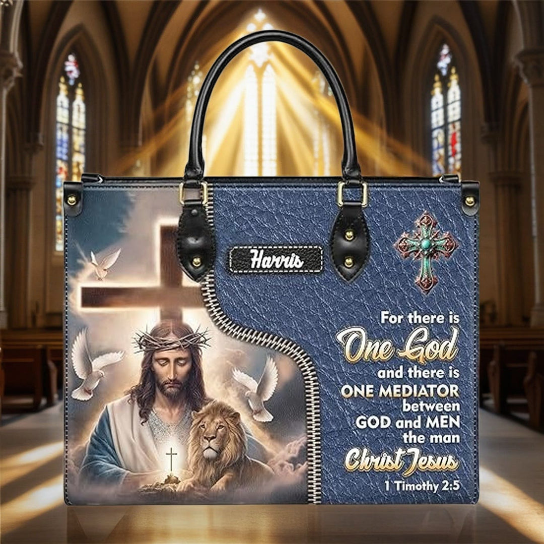 Christianartworkshop Personalized Leather Handbag with Jesus, Lion & 1 Timothy 2:5 Verse - image 4
