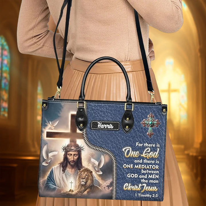 Christianartworkshop Personalized Leather Handbag with Jesus, Lion & 1 Timothy 2:5 Verse - image 2