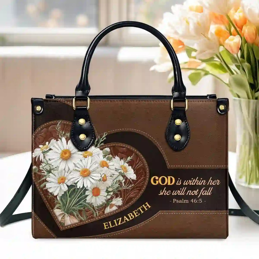Christianartworkshop Psalm 46:5 Inspired Personalized Leather Handbag with Daisies & Heart Design - image 6
