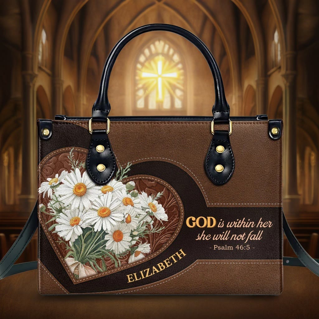 Christianartworkshop Psalm 46:5 Inspired Personalized Leather Handbag with Daisies & Heart Design - XL - Regular (No Custom) - image 0