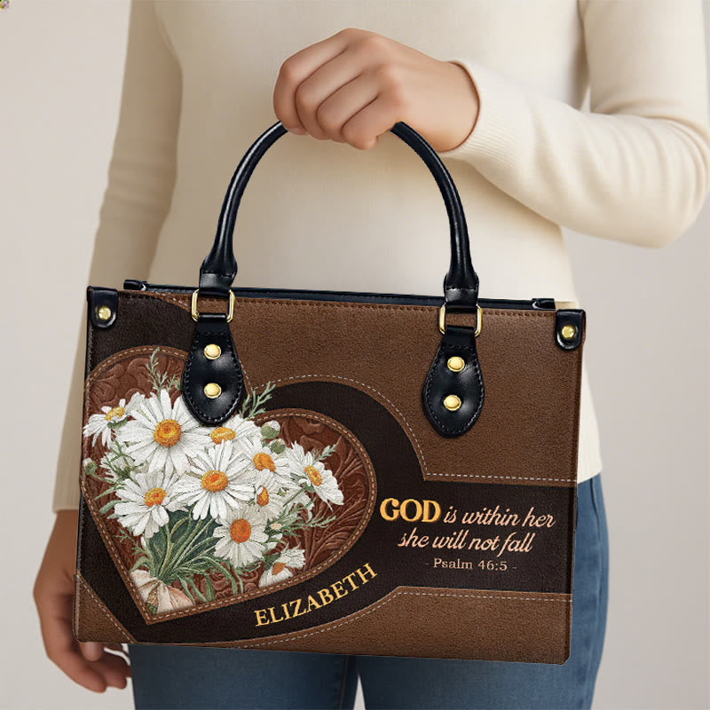 Christianartworkshop Psalm 46:5 Inspired Personalized Leather Handbag with Daisies & Heart Design - image 5