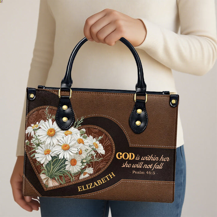 Christianartworkshop Psalm 46:5 Inspired Personalized Leather Handbag with Daisies & Heart Design - image 5