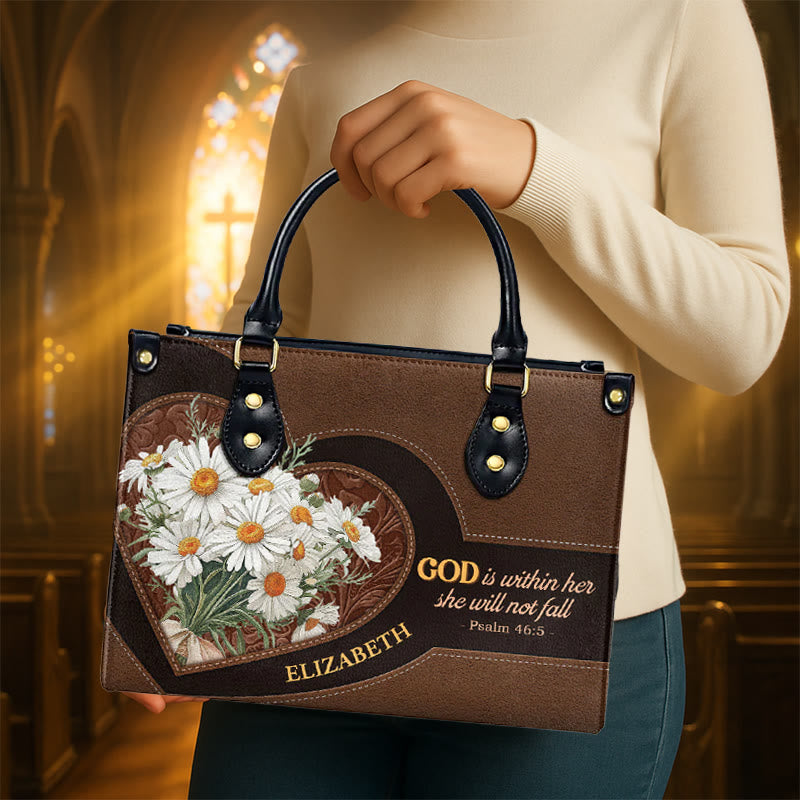 Christianartworkshop Psalm 46:5 Inspired Personalized Leather Handbag with Daisies & Heart Design - image 3
