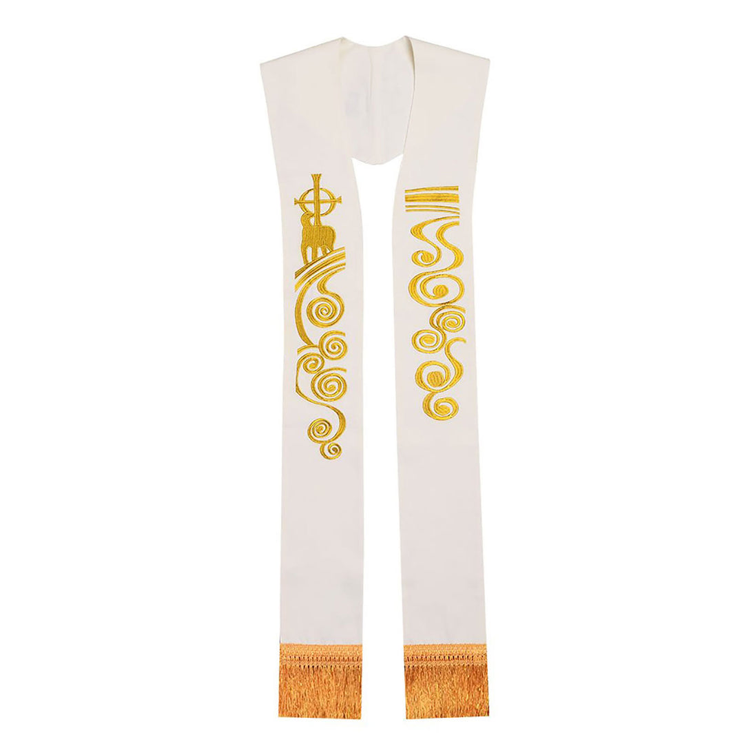 Christianartworkshop Traditional White Liturgical Stole with Golden Lamb & Cross Motifs - White - image 0