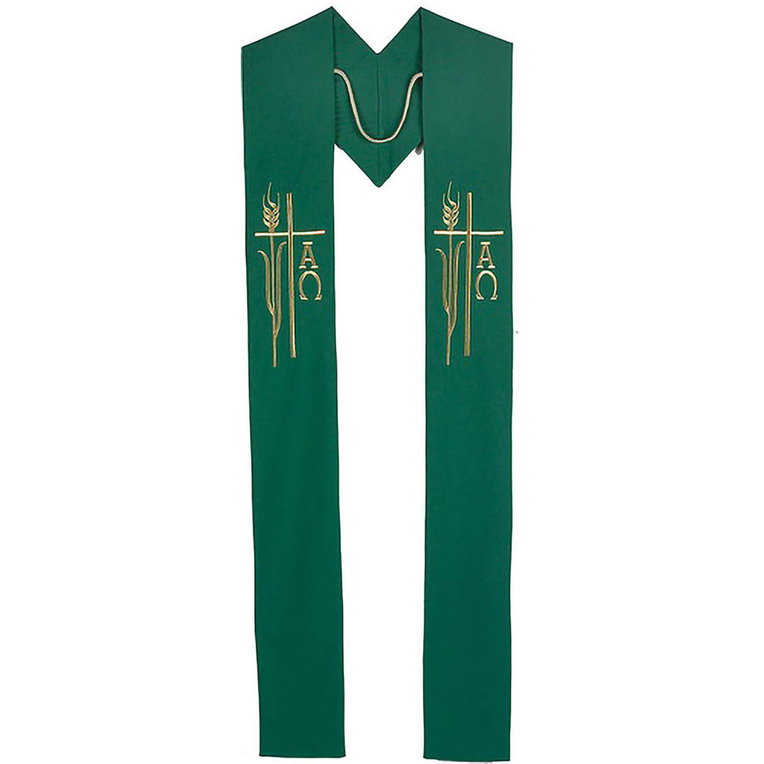 Christianartworkshop Sacred Green Clergy Stole with Gold Cross, Wheat & Alpha Omega Details - Green - image 0