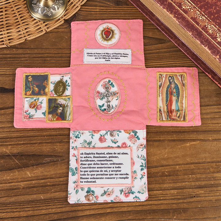 Christianartworkshop 4-Color Embroidered Fabric Pocket Shrine with Silver Cross Included Inside - Pink - image 4