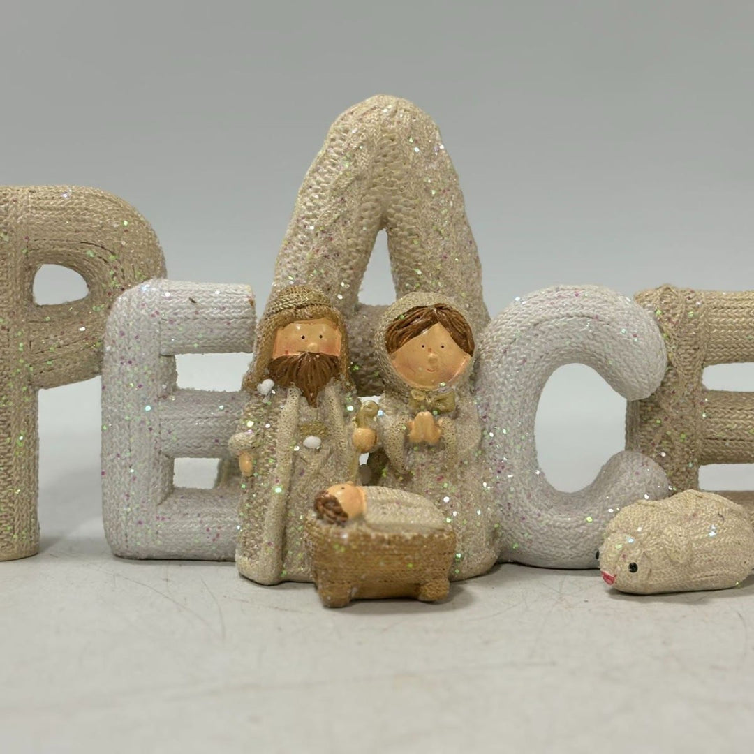 Christianartworkshop Beige Glitter Letter Series Nativity Scene Christmas Resin Decor Statue - PEACE - image 1