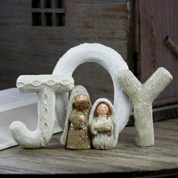 Christianartworkshop Beige Glitter Letter Series Nativity Scene Christmas Resin Decor Statue - JOY - image 2