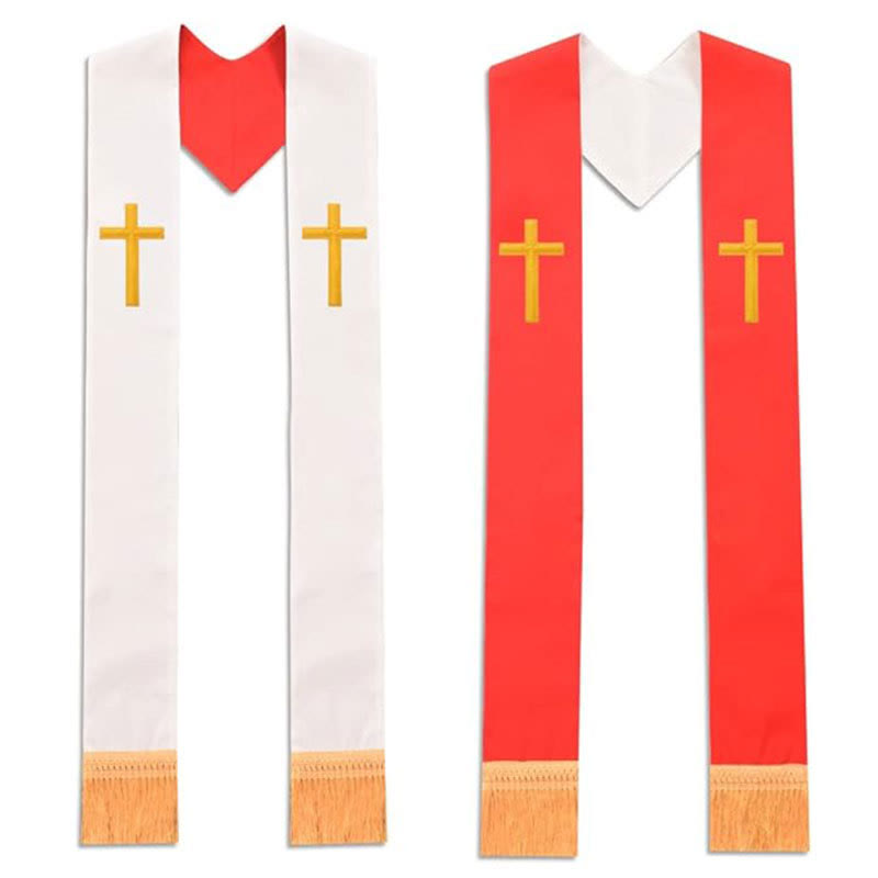 Christianartworkshop Multi-Color V-Neck Liturgical Clergy Stole with Decorative Fringe for Church - Red & White (Upper Cross) - image 0