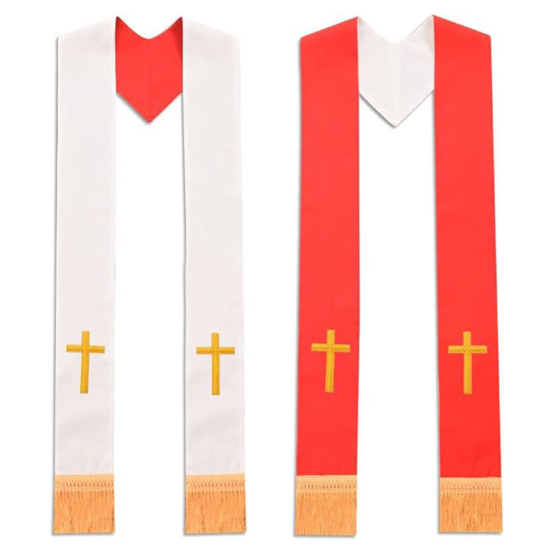 Christianartworkshop Multi-Color V-Neck Liturgical Clergy Stole with Decorative Fringe for Church - Red & White (Lower Cross) - image 1