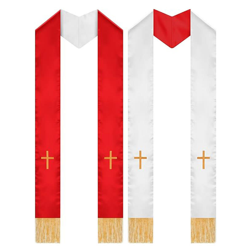 Christianartworkshop Traditional Multi-Color Clergy Stole with V-Neck & Straight Neck - Red & White (Reversible) - Standard Liturgical (270cm Total) - image 8