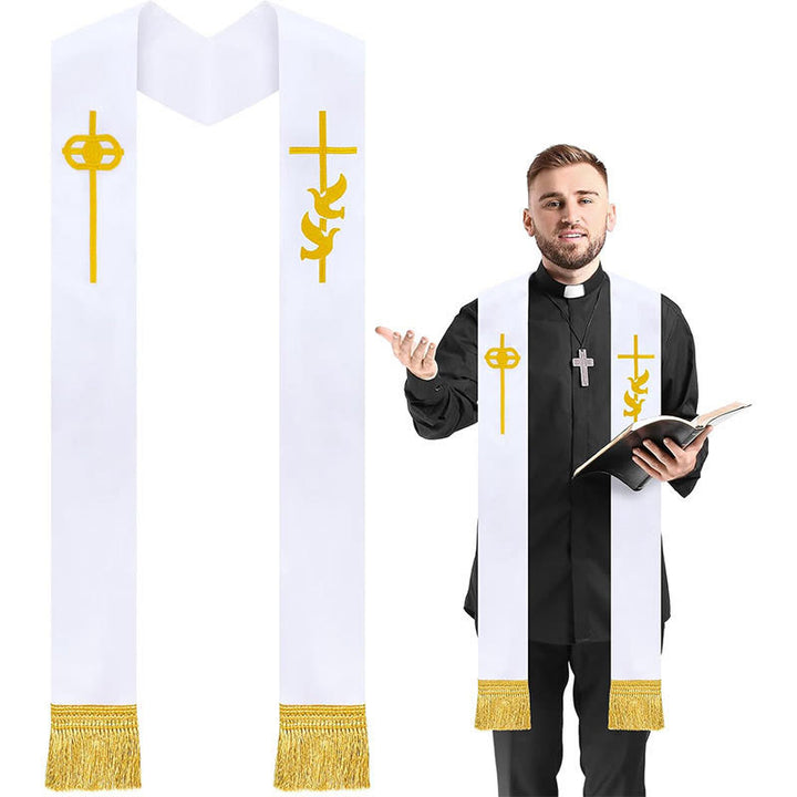 Christianartworkshop Pure White Liturgical Stole with Golden Cross and Holy Spirit Dove - White - image 0