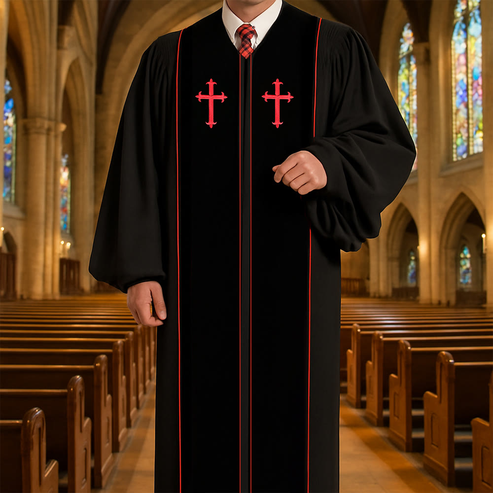 Christianartworkshop Traditional Black Clergy Robe with Red Cross Embroidery & Formal Design - Black - 3XL - image 0