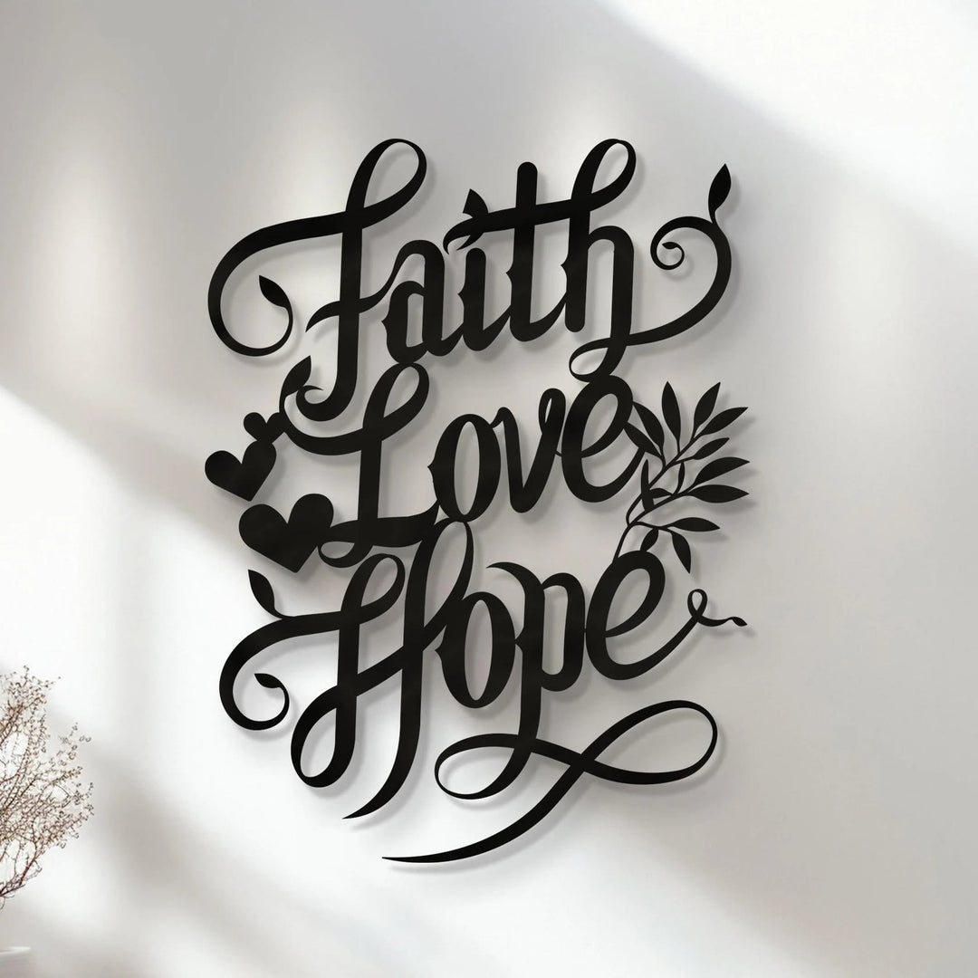 Christianartworkshop Faith Love Hope Script Metal Wall Decor with Heart & Leaf Accents - image 1