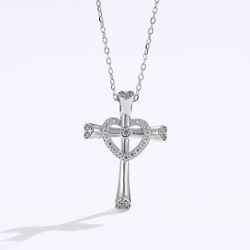 Christianartworkshop 925 Silver Cross & Heart Zircon Necklace: Faith Meets Love in Sparkle - 925 Sterling Silver - image 0