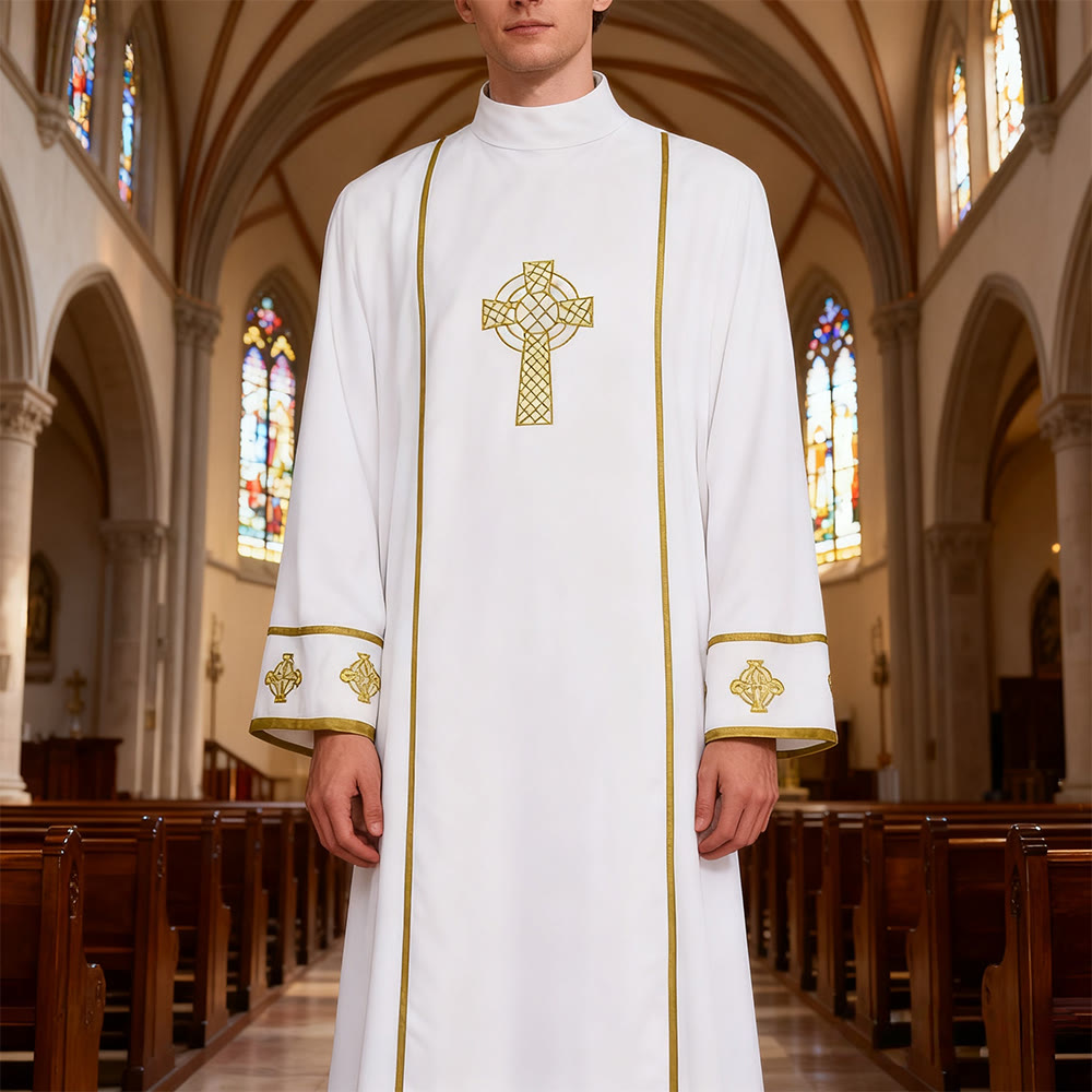 Christianartworkshop Multi - Style White Cassock: Ideal for Church Worship & Rituals - With Golden Cross - 2XL - image 0