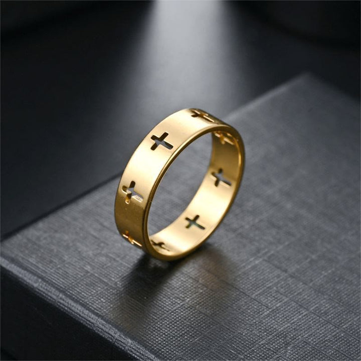Christianartworkshop Multi - Cross Cutout Band Ring: Two - Color Stainless Steel Faith Jewelry - Golden - US 11 - image 0
