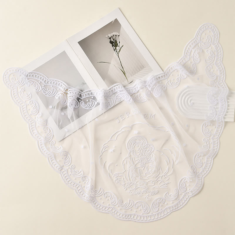 Christianartworkshop Black and White Lace Chapel Veil with Virgin Mary and Jerusalem Embroidery - White - image 4