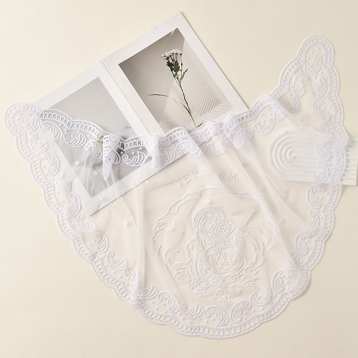 Christianartworkshop Black and White Lace Chapel Veil with Virgin Mary and Jerusalem Embroidery - White - image 4